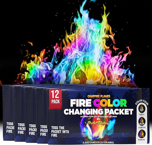 Magic Campfire Fire Color Changing Packets for Fire Pit (12 Pack) Outdoor Fireplaces & Bonfires, Rainbow Colored Flames – Perfect Camping Essential & Accessories for Kids & Adults - Campfire Flames