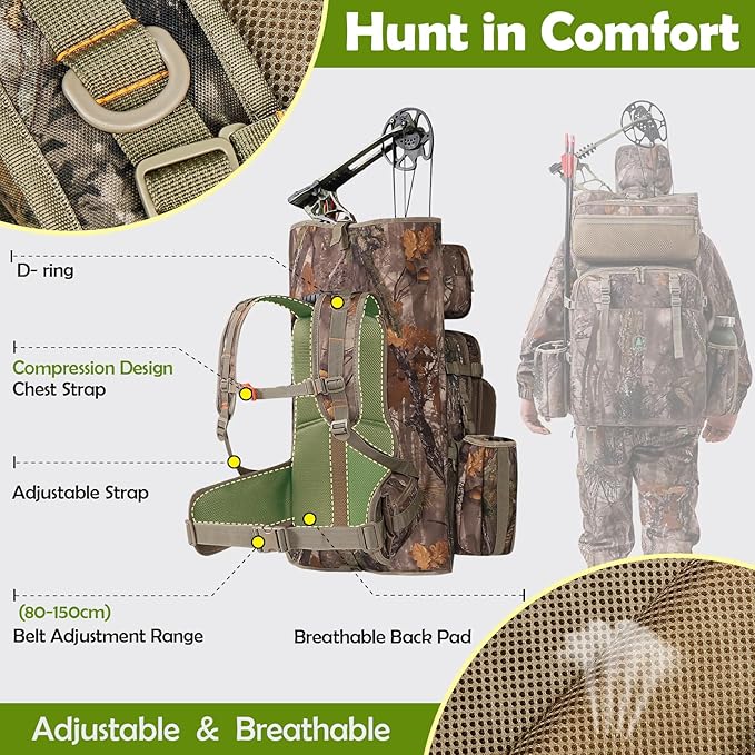 Bow Hunting Backpack 3.0 for Men, Saddle Camo backpack with Bow Holder, Compound Bow Hunting Bag for Saddle Hunting Deer and Elk
