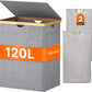 Lifewit 120L Double Laundry Hamper with Lid, Extra Large Bamboo Laundry Basket Dirty Clothes Hamper, 2 Section Laundry Bin Organizer for Laundry Room Bedroom with 2 Removable Liners & Bags,Light Gray