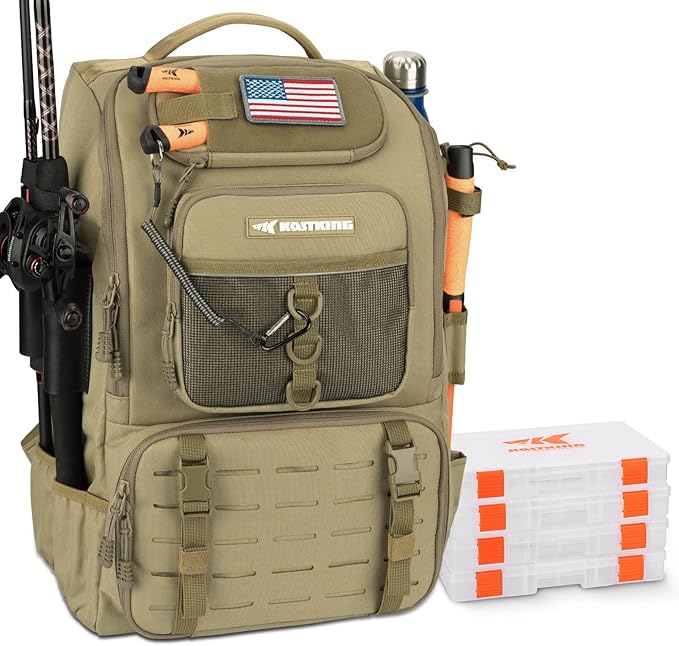 KastKing KarryAll Fishing Tackle Backpack with Rod Holder 4 Tackle Boxes,40/26L Tackle Bag Storage Fishing Gear and Equipment