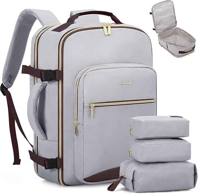 LOVEVOOK Travel Backpack for Women & Men 40L,Airline Approved Carry On Backpack Travel Essential,TSA Carry on Luggage,Personal Item Travel Bag,Suitcase with 3 Packing Cube,Light grey-Dark coffee color