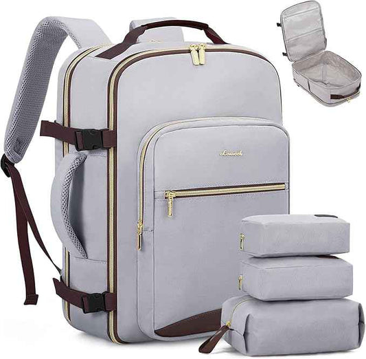 LOVEVOOK Travel Backpack for Women & Men 40L,Airline Approved Carry On Backpack Travel Essential,TSA Carry on Luggage,Personal Item Travel Bag,Suitcase with 3 Packing Cube,Light grey-Dark coffee color