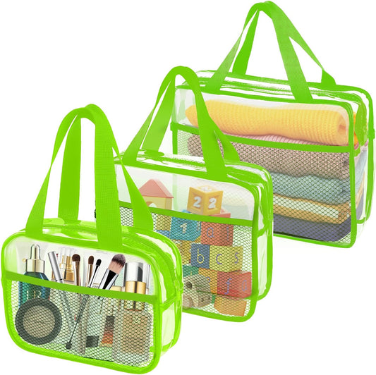 XEWEA Clear Travel Toiletry Bags, 3 Pack TSA Approved Transparent Makeup Bag for Men Women, Large Waterproof PVC Quart Organizer with Zipper for Toiletries Airline Essential,Toy Storage Pouch Green - Roamly