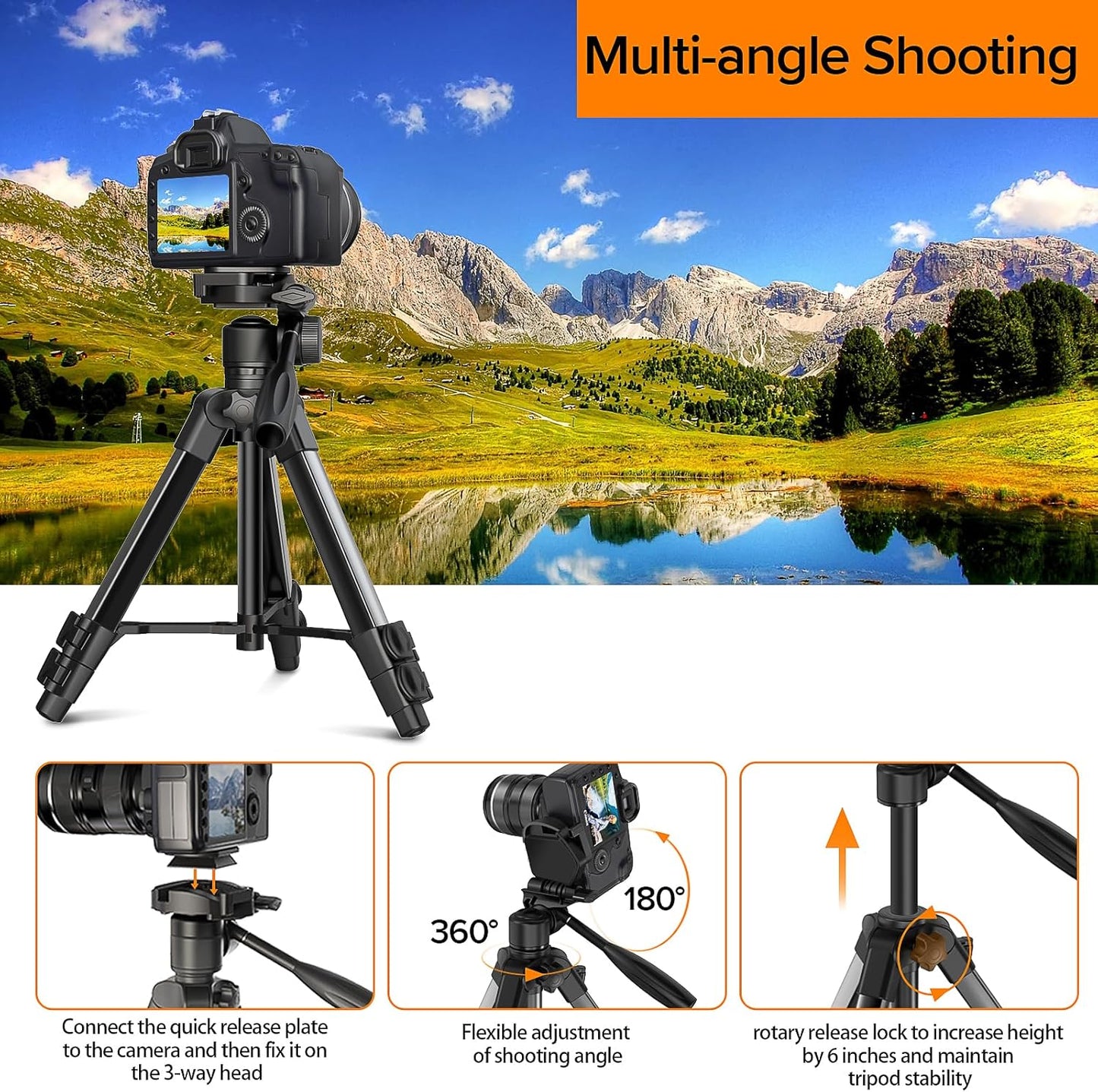 Camera Tripod 66.7 Inch, Patented 3-Way Rotating Portable Cameras Stand Professional Aluminum Travel Phone Camera Mount Monopod for Camera, Smartphone, Suitable for Various Live Vlogging