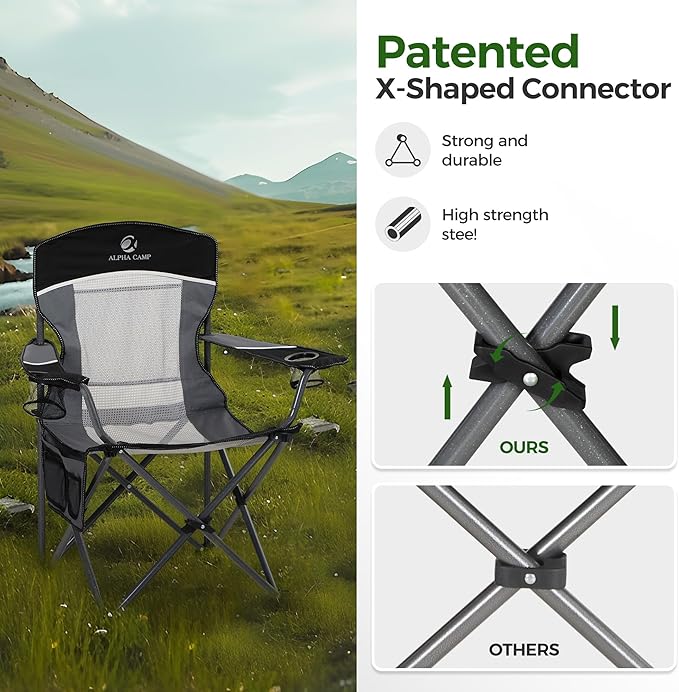 ALPHA CAMP 2PC Oversized Mesh Back Camping Folding Chair Heavy Duty Support 350 LBS Collapsible Steel Frame Quad Chair Padded Arm Chair with Cup Holder Portable for Outdoor (Black-2PC)
