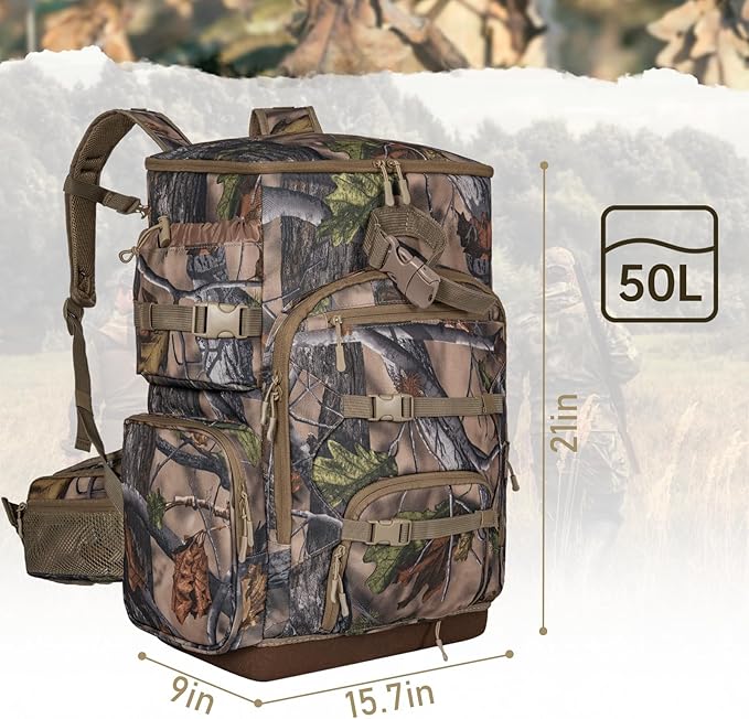 Hunting Backpack with Waterproof Rain Cover, Self Standing Hard Bottom, 50L Camo Hunting Day Pack for Bow Rifle Gun
