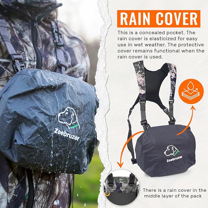 Binocular Harness Chest Pack, Bino Harness Bag with Rangefinder Pouch & Rain Cover, Molle System Multifunction Hunting Pack