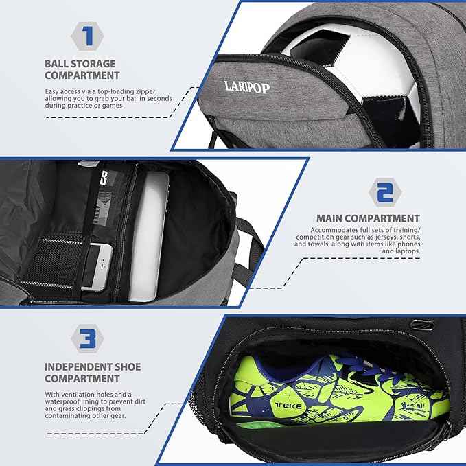 LARIPOP Soccer Backpack Soccer Bag with Ball Holder & Shoe Compartment Youth Sports Equipment Training Bag