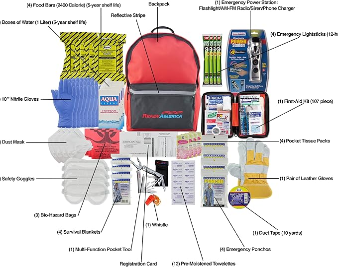 Ready America 72 Hour Deluxe Emergency Kit, 4-Person 3-Day Backpack, First Aid Kit, Survival Blanket, Power Station, Emergency Food, Portable Disaster Preparedness Go-Bag for Earthquake, Fire, Flood