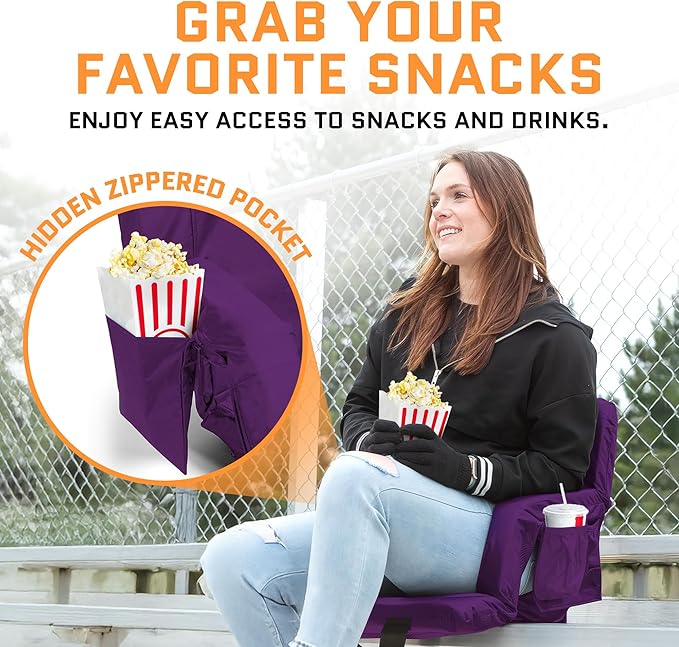 ACELETIQS Heated Stadium Seats for Bleachers with Back Support – USB Battery Included - Upgraded 3 Levels of Heat - Foldable Chair - 4 Pockets, Cup Holder - for Camping, Games & Sports (Purple)