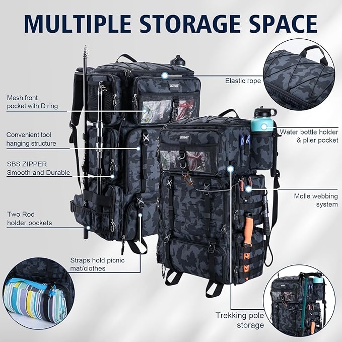 Goture Fishing Backpack with Cooler, 72L 600D Tackle Backpack Included 4 3700 Tackle Boxes, Dry & Wet Split Compartment, Large Fishing Tackle Bag with Rod Holders,Rain Cover for Travel Camping Hiking