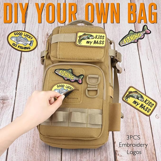 Dovesun Small Fishing Backpack with Tackle Boxes Fishing Sling Bag DIY Embroidery Patches Tackle Bag Gift for Men Khaki