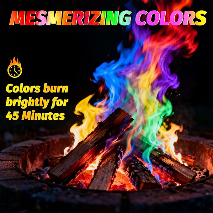 Magic Fire Color Changing Packets (20 Pack) for Fire Pits, Campfire, Bonfire & Outdoor Fireplace, Long Lasting, Vibrant, Non-Toxic Colored Rainbow Flames Camping Essentials & Accessories