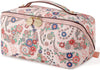 Aveniee Travel Makeup Bag for Women, Large Cosmetic Organizer with Open-Flat Design, Clear Divider & Handle - Waterproof PU Leather Toiletry Case (Floral Pattern)