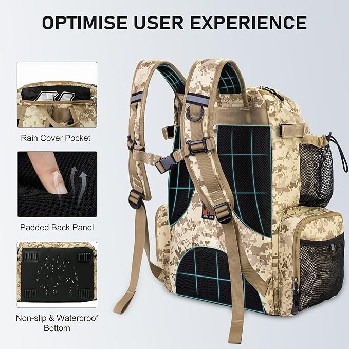 N NEVO RHINO Fishing Tackle Backpack with Rod Holders, 40L Large Fishing Bag with Waterproof Rain Cover,Outdoor Tackle Bag