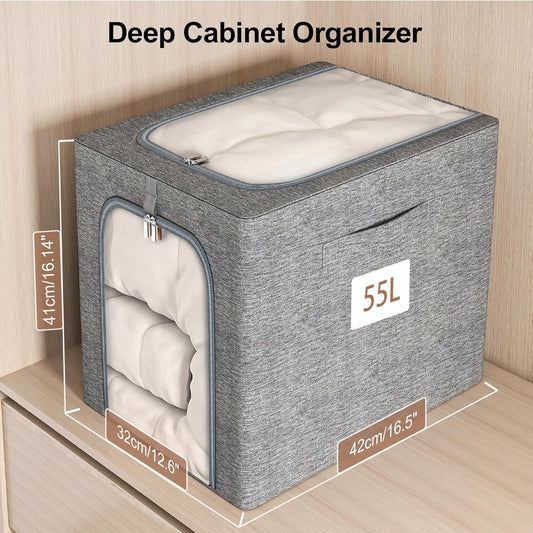 GoMaihe Clothes Storage Bins Metal Frame: 55L Extra Large Stackable Closet Storage Bin with Lid & Clear Window, Heavy Duty Blanket Box for Winter Coats Comforters (Fits Deep Closet 6-Pack)