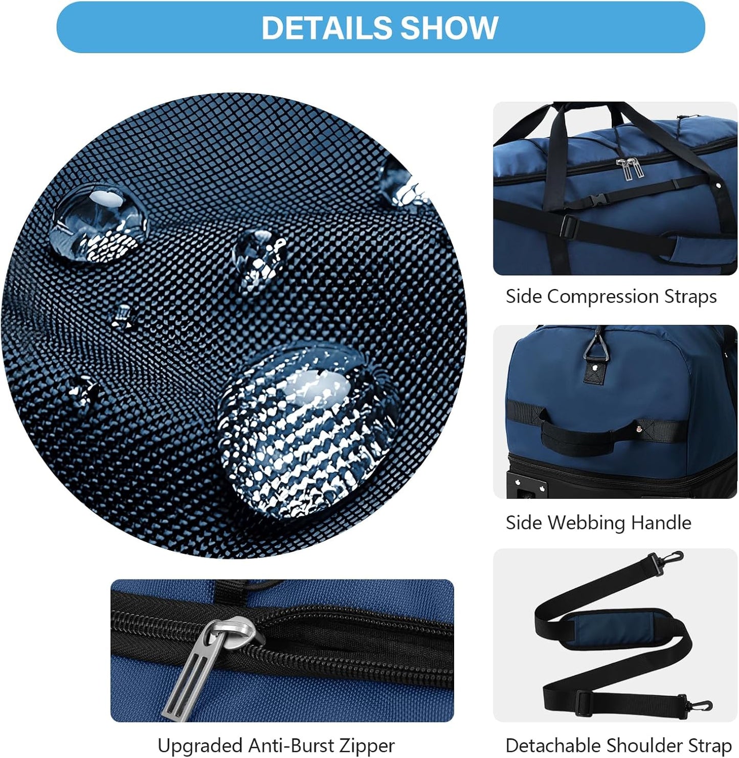 Vomgomfom Wheeled Collapsible Duffel Bag,110L-140L Expandable Checked Luggage, No-Telescopic-Handle with Anti-Burst Zipper & Reinforced Frame,Navy - Roamly