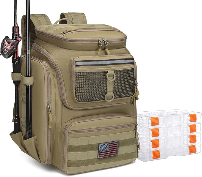 HAMBOLY Fishing Backpack with Rod Holders, 40L Tackle Box Backpack for Fishing Gear, Waterproof Fishing Bag for Men