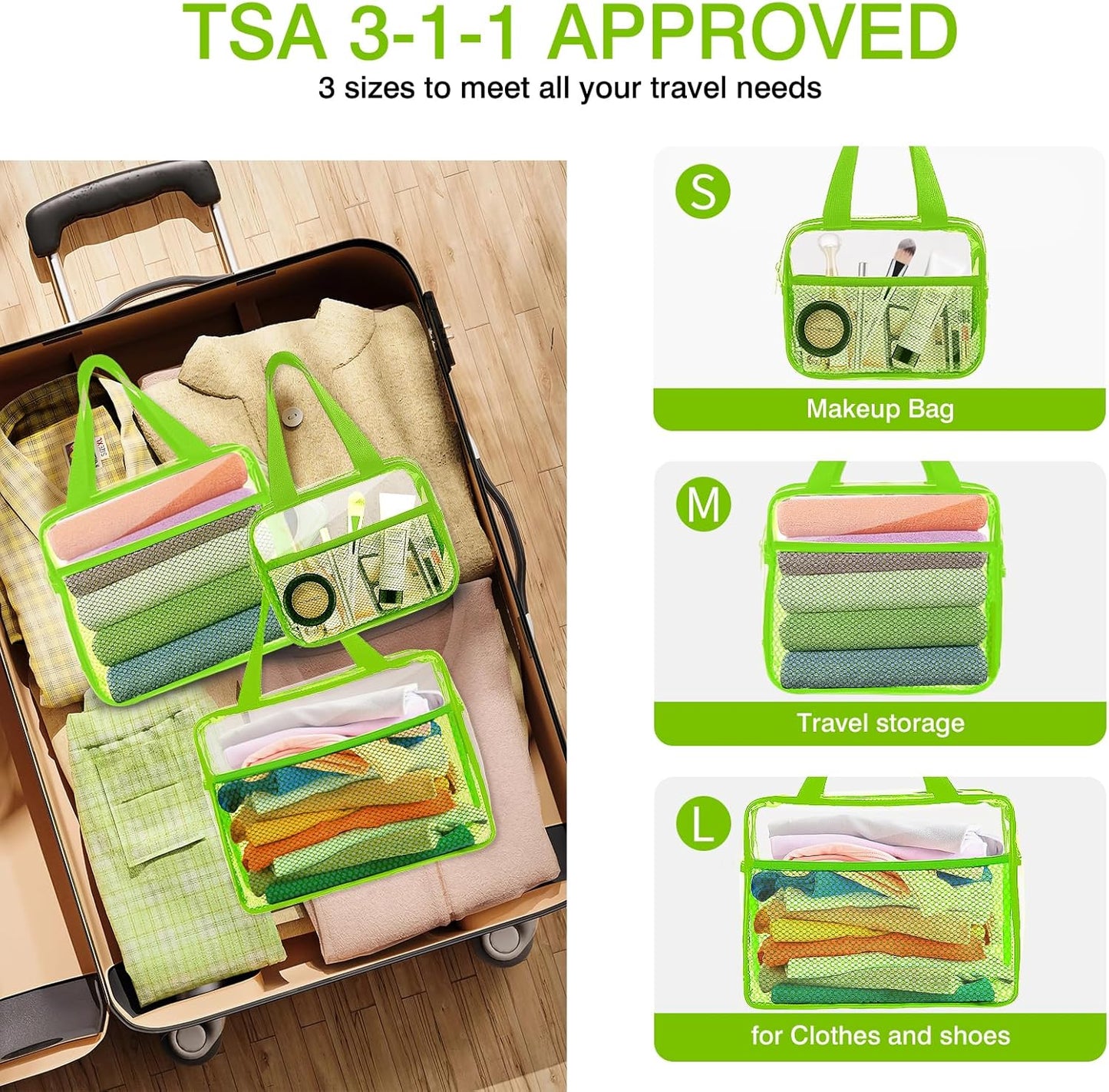 XEWEA Clear Travel Toiletry Bags, 3 Pack TSA Approved Transparent Makeup Bag for Men Women, Large Waterproof PVC Quart Organizer with Zipper for Toiletries Airline Essential,Toy Storage Pouch Green - Roamly