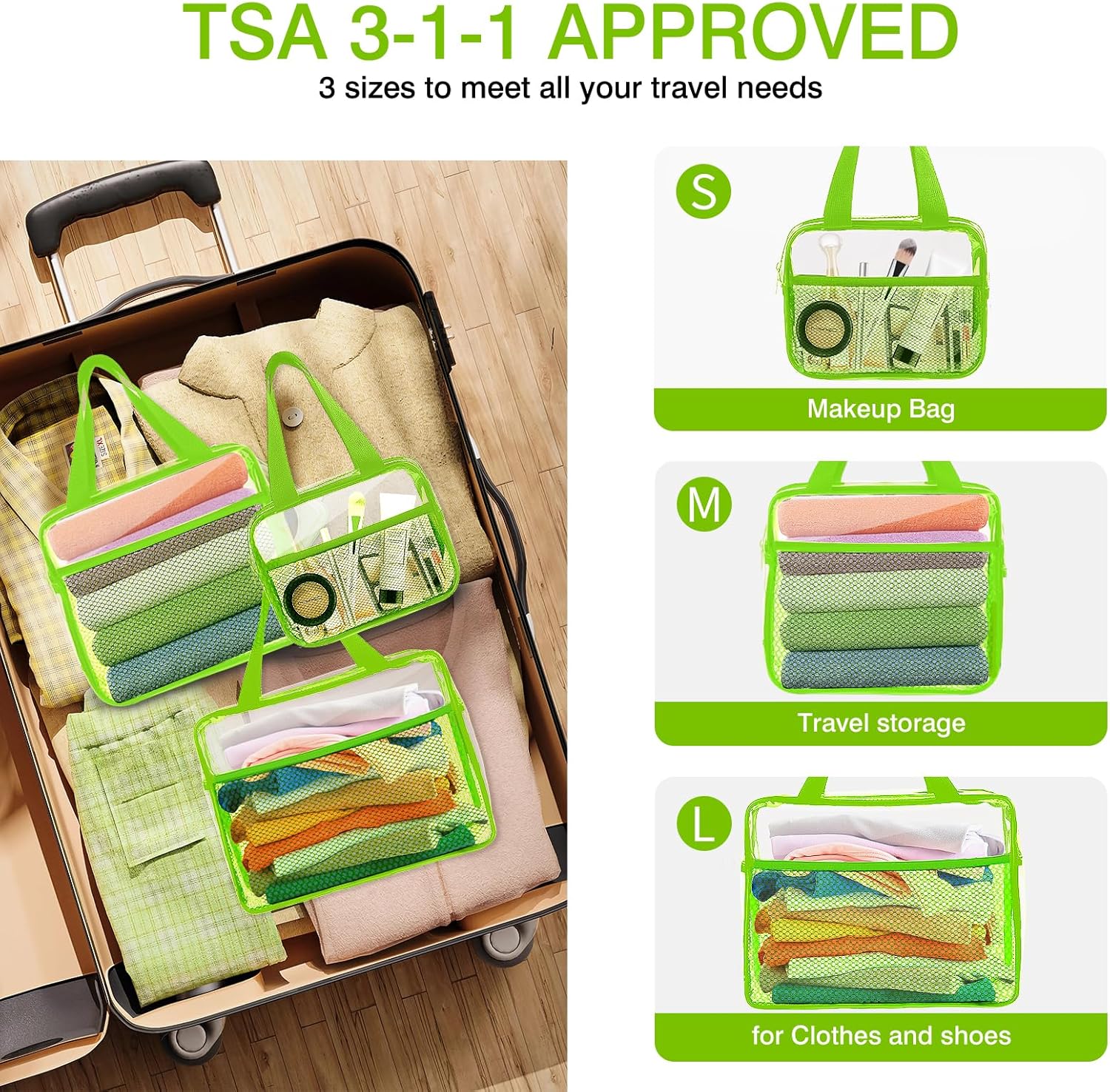 XEWEA Clear Travel Toiletry Bags, 3 Pack TSA Approved Transparent Makeup Bag for Men Women, Large Waterproof PVC Quart Organizer with Zipper for Toiletries Airline Essential,Toy Storage Pouch Green - Roamly