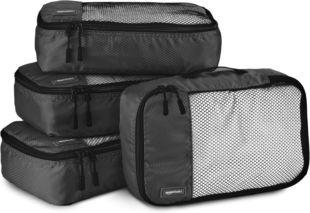 Amazon Basics Small Packing Cubes for Travel, Packing Organizers, 4-Piece-Set With Double Zipper Pulls and Mesh Top Panel, 100% Durable Polyester, Black, 11"L x 6.8"W x 3"H - Roamly