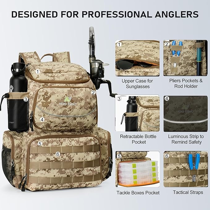 N NEVO RHINO Fishing Tackle Backpack with Rod Holders, 40L Large Fishing Bag with Waterproof Rain Cover,Outdoor Tackle Bag