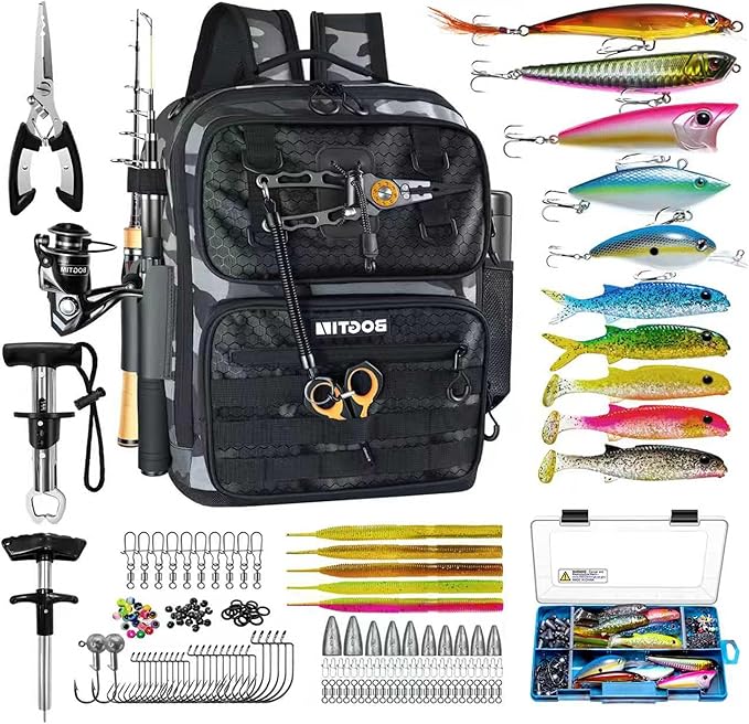Fishing Backpack with Tackle Boxes and Rod Holders, Fishing Bag wtih Fishing Lure Kit Water-resistant Sling Tackle Bag Store Gear and Equipment, Bait Gifts for Men Woman Anglers-Grey Backpack
