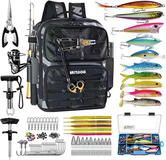 Fishing Backpack with Tackle Boxes and Rod Holders, Fishing Bag wtih Fishing Lure Kit Water-resistant Sling Tackle Bag Store Gear and Equipment, Bait Gifts for Men Woman Anglers-Grey Backpack