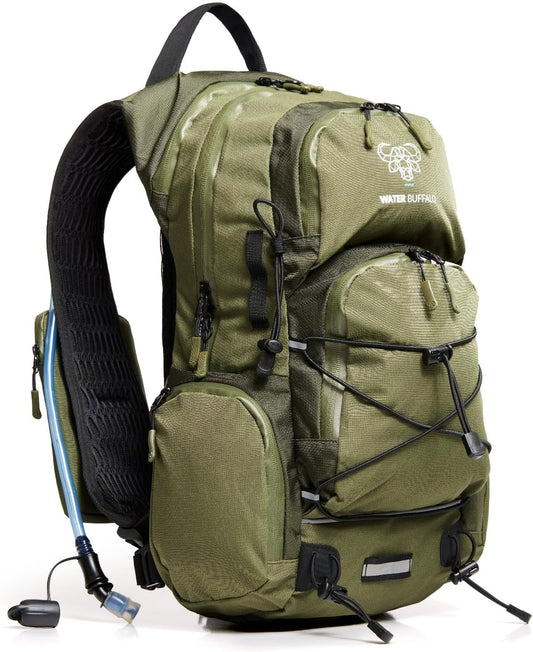 Water Buffalo Hydration Backpack - Sherpa 22L Hiking Backpack with Water Bladder - Water Backpack for Hiking with Waterproof Zippers, Phone & Pole Holders - Roamly