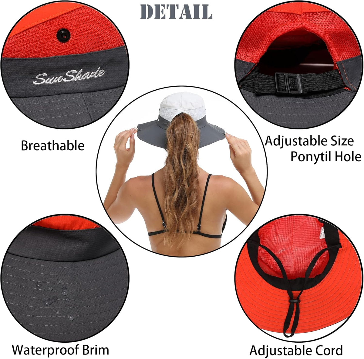 Womens Summer Sun Hat Beach Hat Wide Brim Outdoor UV Protection Hat Foldable Cool Mesh Ponytail Bucket Hat