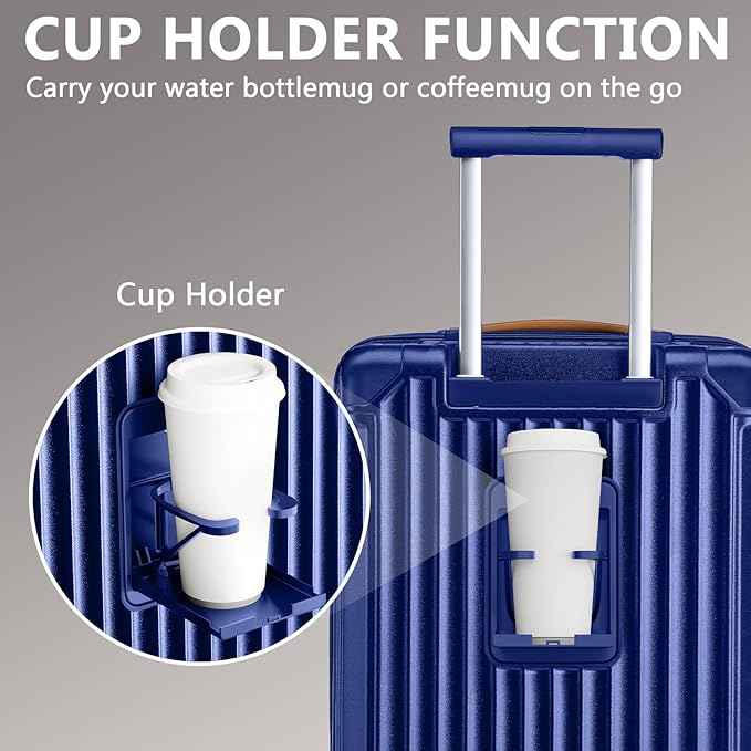 Joyway 20in Carry On Luggage with Cup Holder and USB Port, 25% Expandable Capacity, Smart Suitcase with Anti Slip Wheels and Handbag, Perfect for Men and Women 3 Piece Set Blue
