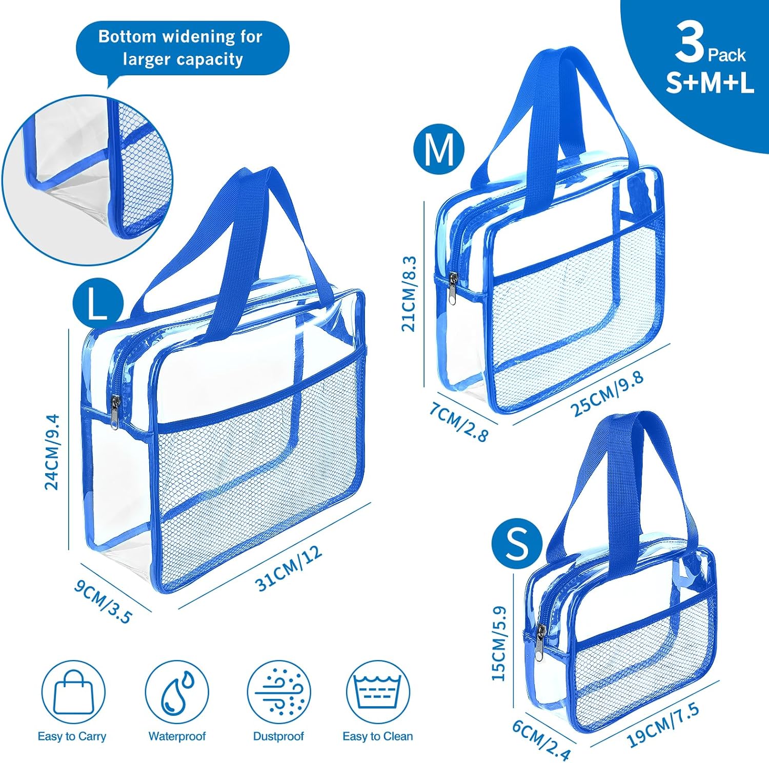 XEWEA Clear Travel Toiletry Bags, 3 Pack TSA Approved Transparent Makeup Bag for Men Women, Large Waterproof PVC Quart Organizer with Zipper for Toiletries Airline Essentials,Toy Storage Pouch Blue - Roamly
