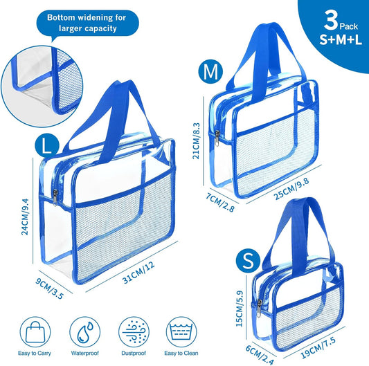 XEWEA Clear Travel Toiletry Bags, 3 Pack TSA Approved Transparent Makeup Bag for Men Women, Large Waterproof PVC Quart Organizer with Zipper for Toiletries Airline Essentials,Toy Storage Pouch Blue - Roamly