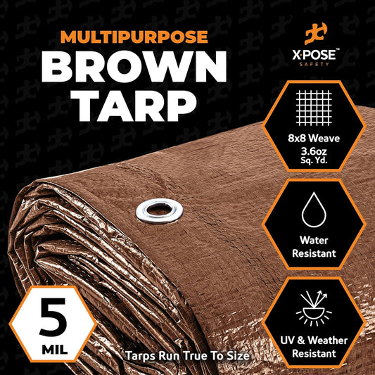 Multipurpose Protective Cover Brown Poly Tarp 20' x 40' - Durable, Water Resistant, Weather Resistant - 5 Mil Thick Polyethylene - by Xpose Safety
