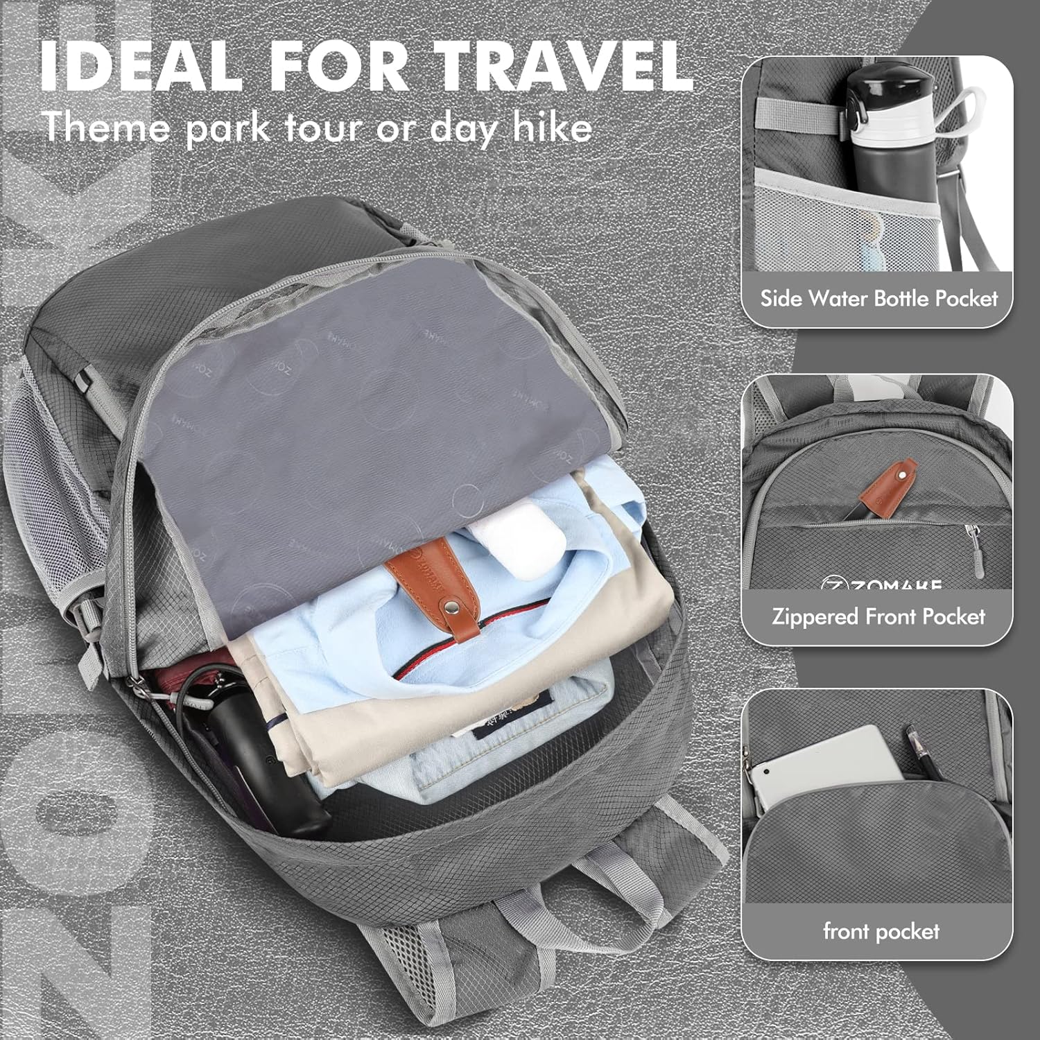 ZOMAKE Lightweight Packable Backpack 30L, Foldable Hiking Backpacks Water Resistant Compact Folding Daypack for Travel(Dimgray) - Roamly