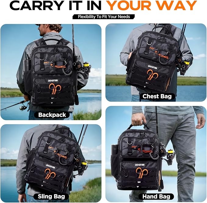 Fishing Backpack with Tackle Boxes and Rod Holders, Fishing Bag wtih Fishing Lure Kit Water-resistant Sling Tackle Bag Store Gear and Equipment, Bait Gifts for Men Woman Anglers-Black Camo Backpack