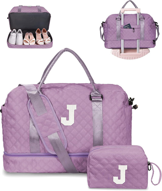 Weekender Bags for Women Travel, Personalized Weekender Bag with Shoulder Strap, Monogram Overnight Bag for Women with Trolley Sleeve & Wet Pocket, Letter Travel Bag (Letter J) - Roamly