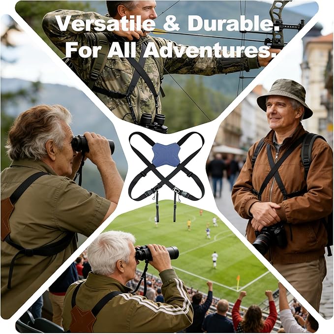 Binocular Harness Strap, Adjustable X-Shaped for Hunting, Hiking & Birding, Bino Harness Fits for Carrying Binocular, Cameras, and More