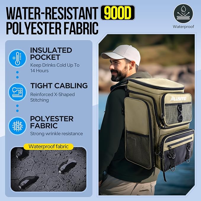 PLUSINNO Fishing Backpack with Rod Holders Tackle Box, 42L Large Water-resistant Fishing Tackle Bag Store Fishing Gear