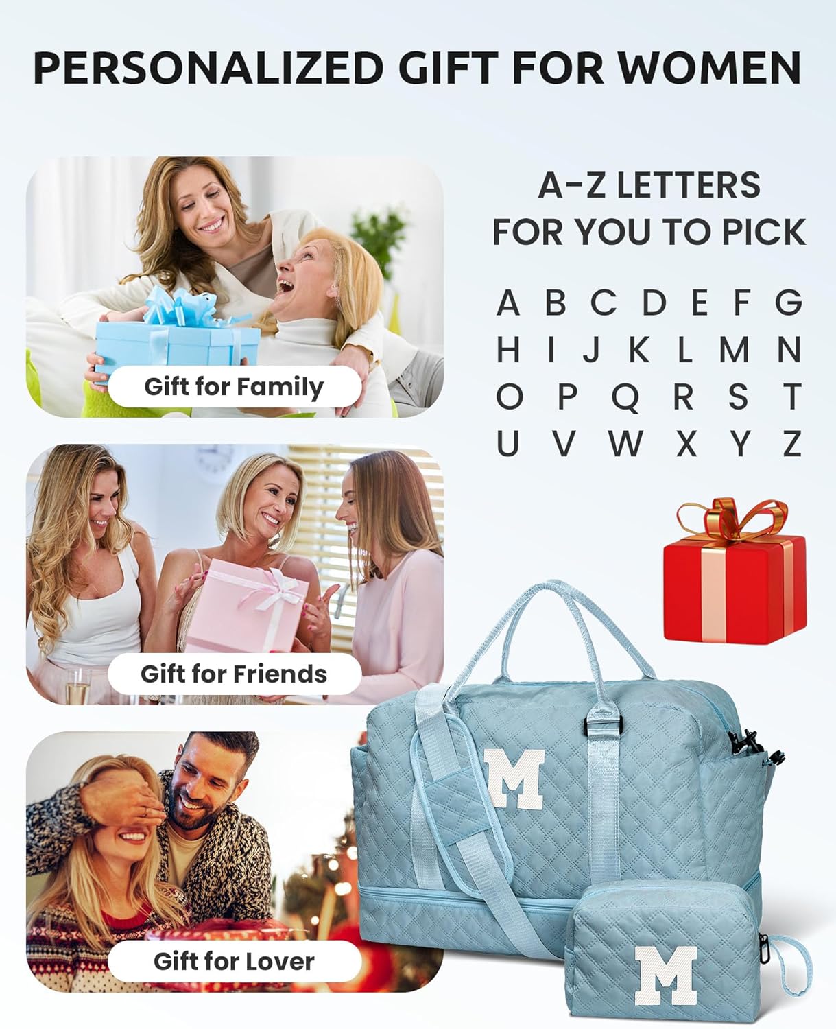 Weekend Bag | Personalized Monogram & Wet Pocket | Lady's Overnight Travel Carrier with Makeup Bag as Gift - Roamly