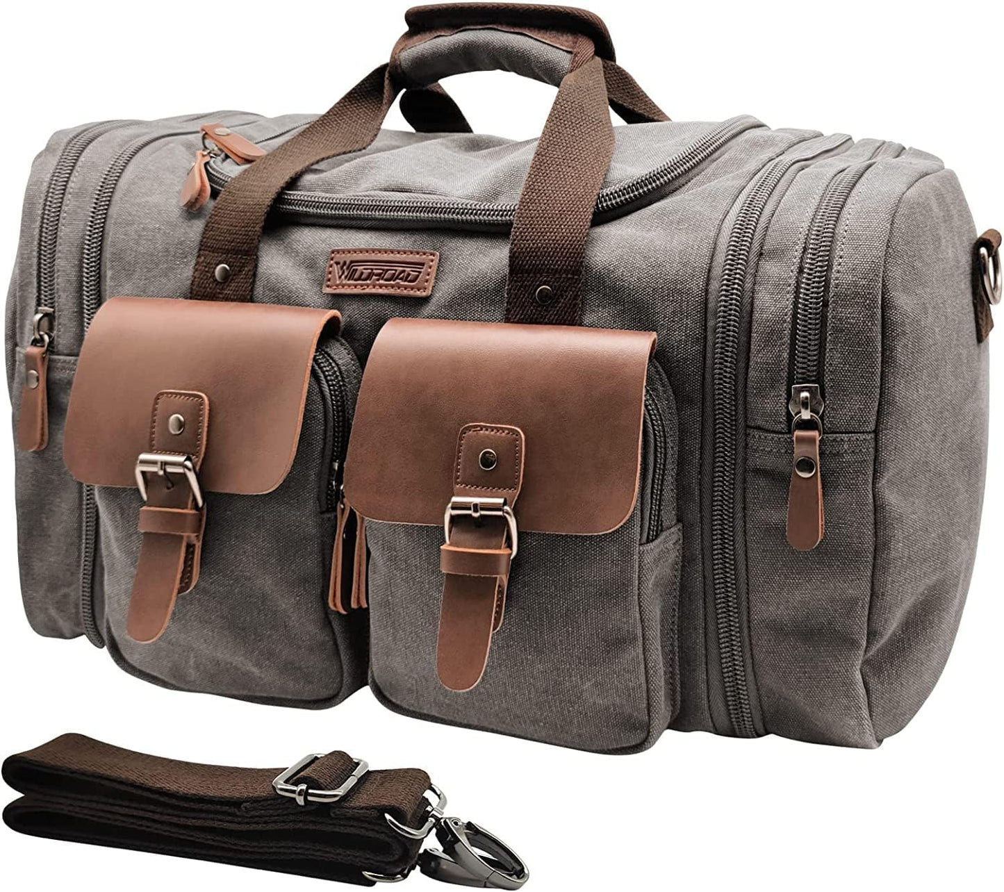 Wildroad 60L Travel Duffel Bag, Expandable Canvas Genuine Leather Duffle Bag Upgraded Overnight Weekender Bag Carry on Bag - Roamly