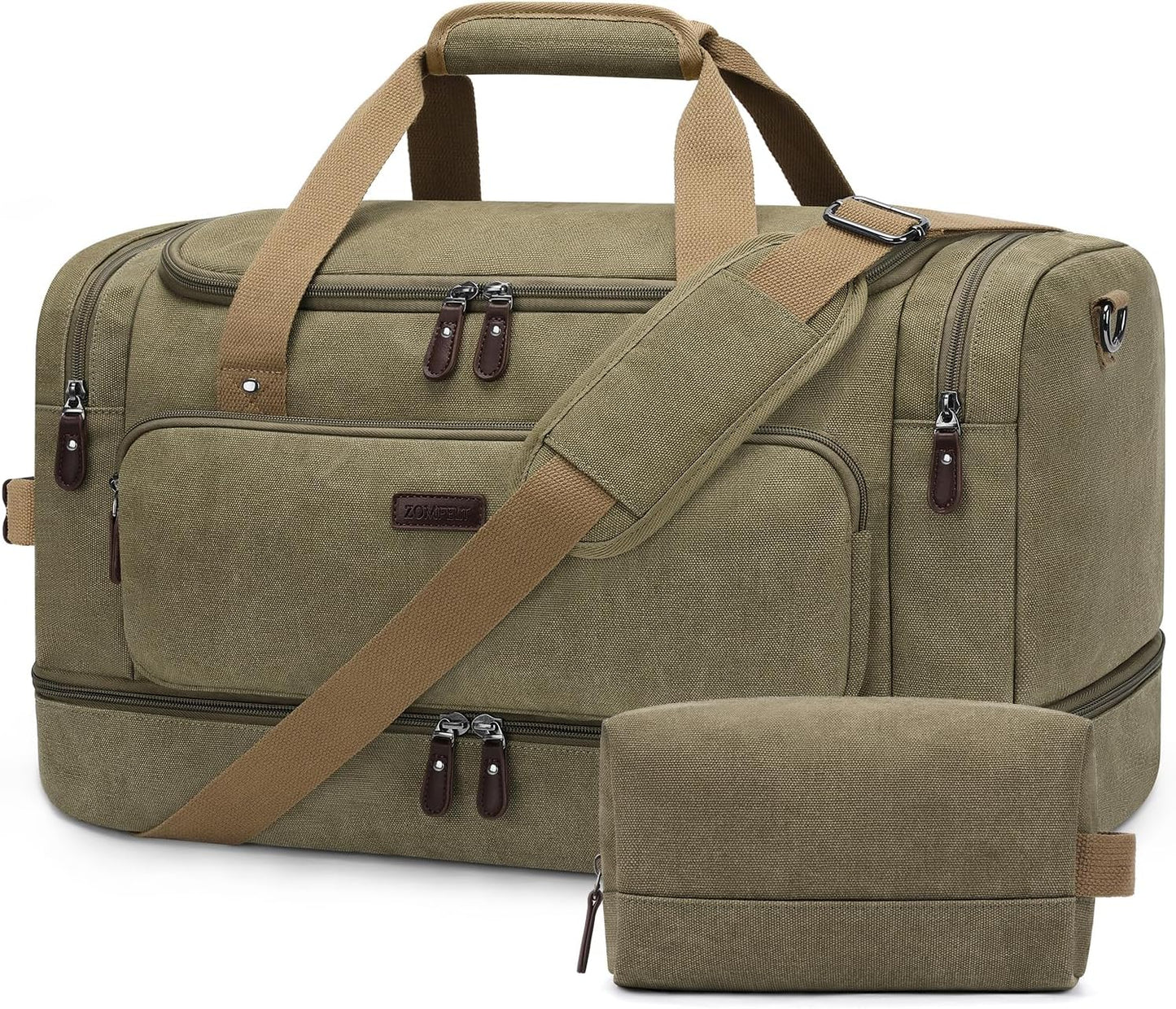 ZOMFELT Duffle Bag for travel, 40L Canvas Travel Duffel Bags for Men Women, Water Resistant Overnight Weekender Bag with Toiletry Bag & Shoe Compartment, Carry on Luggage Bag for Travel, Gym, Green - Roamly