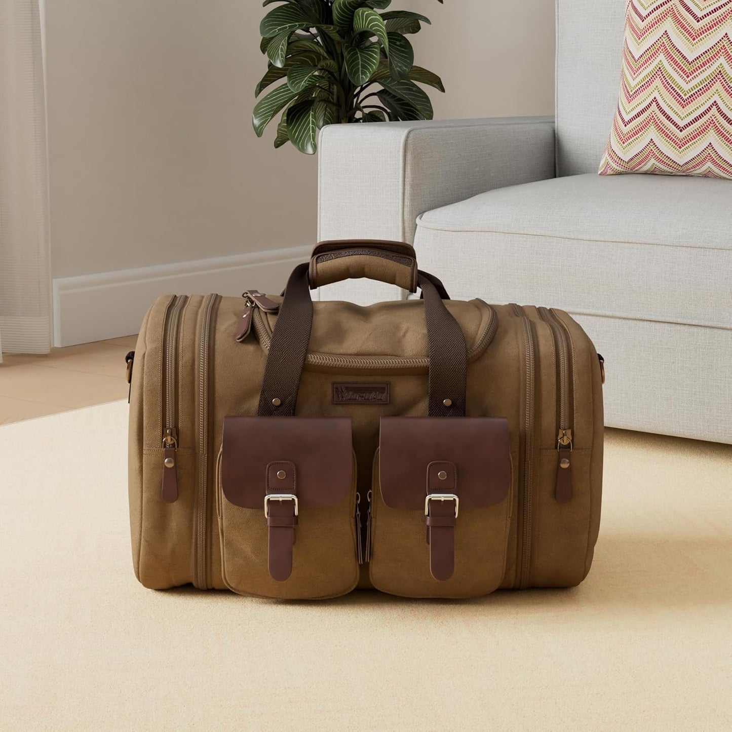 Wildroad 50L Travel Duffel Bag, Expandable Canvas Genuine Leather Duffle Bag Upgraded Overnight Weekender Carry on Bag - Roamly