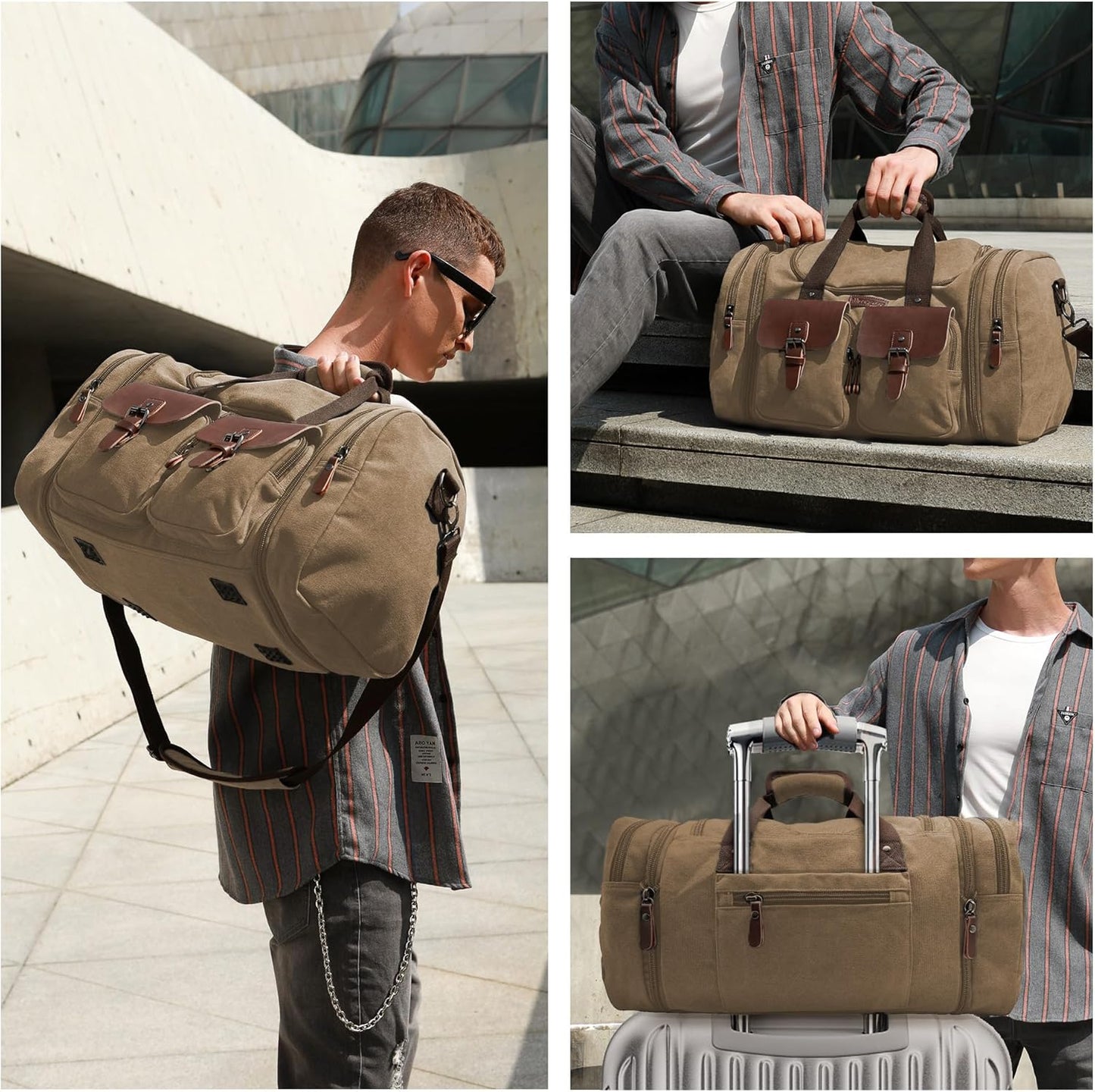 Wildroad 60L Travel Duffel Bag, Expandable Canvas Genuine Leather Duffle Bag Upgraded Overnight Weekender Bag Carry on Bag (Coffee, X Large-60L) - Roamly