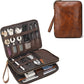 LANNSYNE Full Grain Leather Travel Cable Accessories Bag, Electronic Organizer Carry Case Double Layer Storage Case for Cables, Charger, Phone, Power Bank