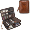 LANNSYNE Full Grain Leather Travel Cable Accessories Bag, Electronic Organizer Carry Case Double Layer Storage Case for Cables, Charger, Phone, Power Bank