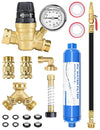 RV Water Pressure Regulator Kit, RV Fresh Water Kit All-in-One Sprinkler Blowout Adapter, Inline Water Filter, Hose Splitter, Brass Elbow, Flexible Connector, Hose Quick Connects, Leak Repair Kit