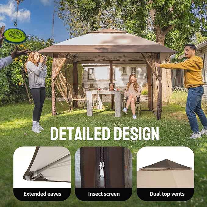 CROWN SHADES 11x11 Pop Up Gazebo, Patented One Push Outoor Canopy Tent with Wheeled STO-N-Go Cover Bag, Pop Up Canopy with Netting for Patio, Backyard (11x11, Beige & Coffee)