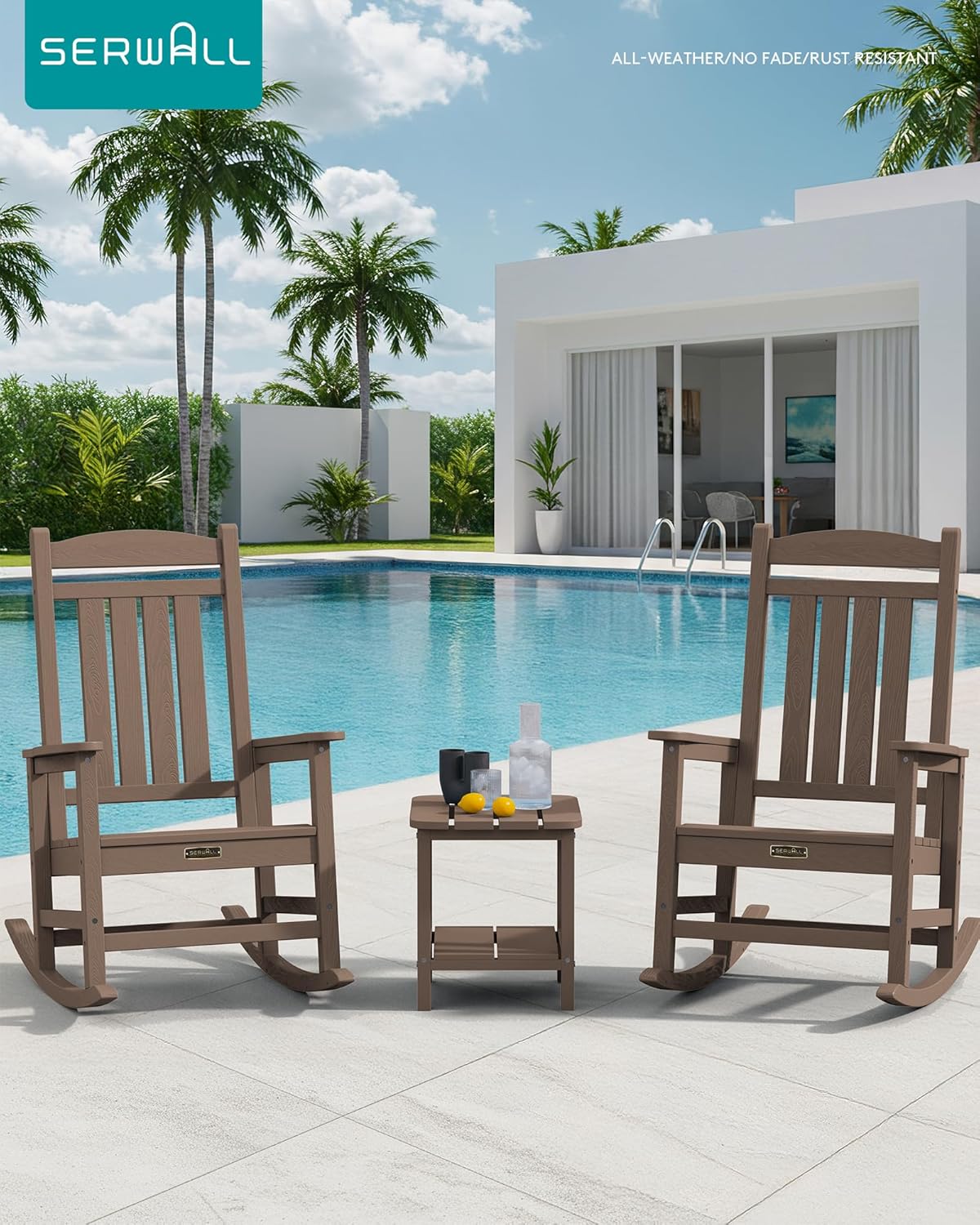 SERWALL Outdoor Rocking Chair Set of 2, HDPE Patio Rocking Chair All-Weather Porch Rocker for Balcony, Yard, Brown