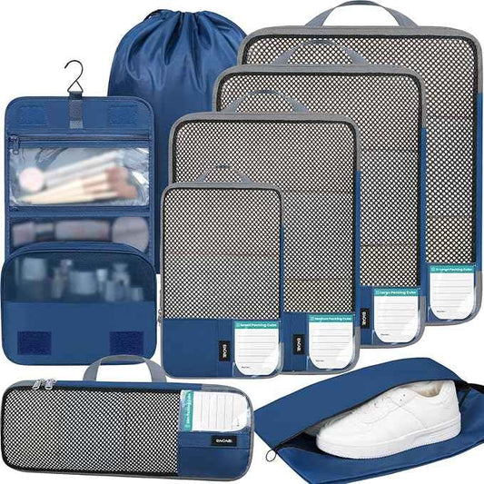 BAGAIL 4 Set/6 Set/8 Set Compression Packing Cubes Travel Accessories Expandable Packing Organizers(HalfMesh,8-Navy)